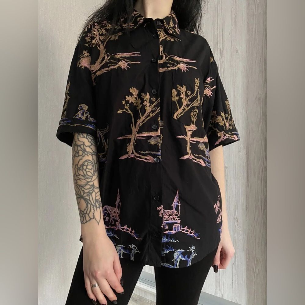 Zara Japanese Garden Graphic Button Down Shirt Size S